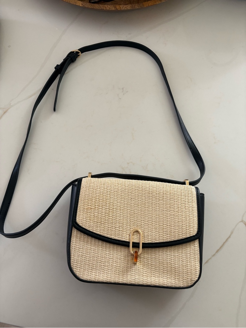 a new day Beige Woven Crossbody with Black Trim and Gold Accent